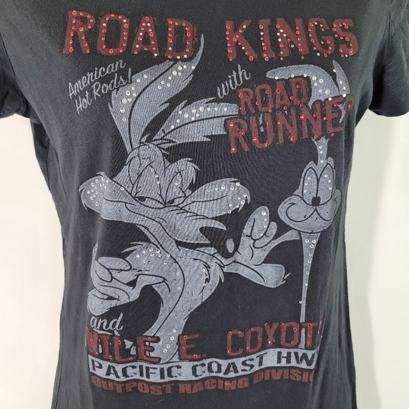 VTG LOONEY TUNES "Road Kings With Road Runner" Black Short Sleeve Tee Size L - Picture 2 of 12